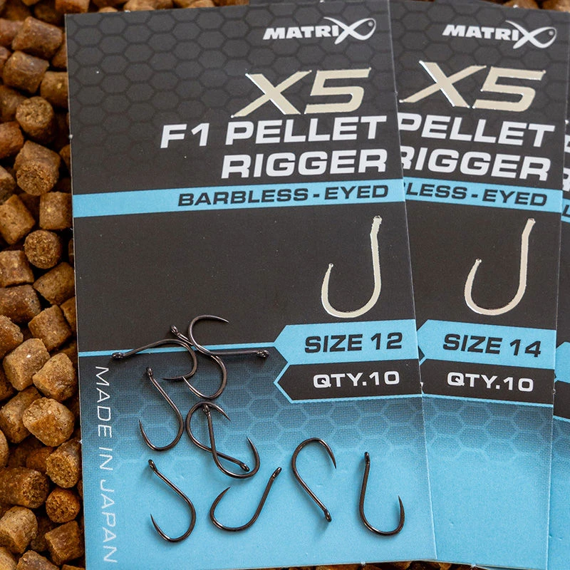 Matrix X5 F1 Pellet Rigger Barbless Eyed Hooks